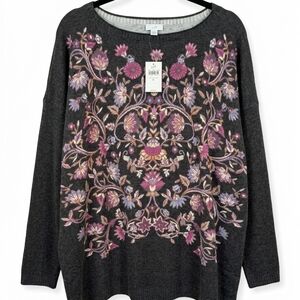 J. Jill Charcoal Crewneck Sweater with Pink & Lavender Floral Embroidery